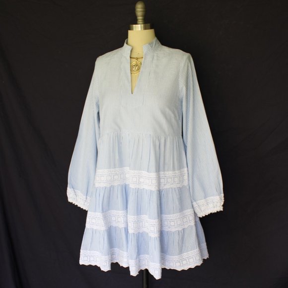 Sail to sable charlotte dress blue stripe Seersucker crochet lace tiered tunic - Picture 6 of 10